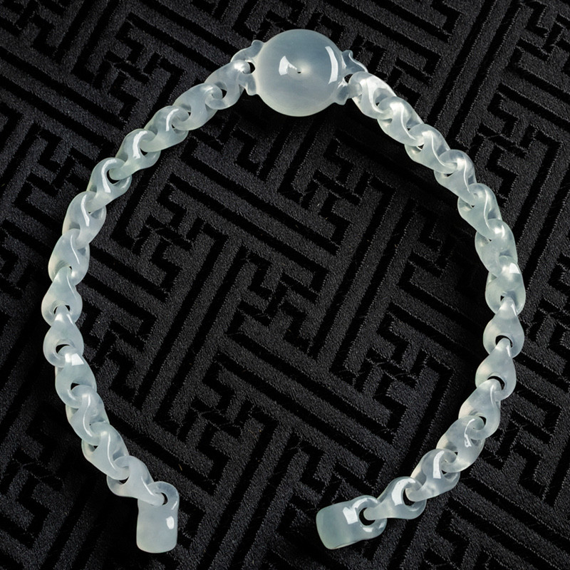 缅甸天然翡翠A货珠宝玉石带证书-老坑种冰润精工一体雕平安扣手链