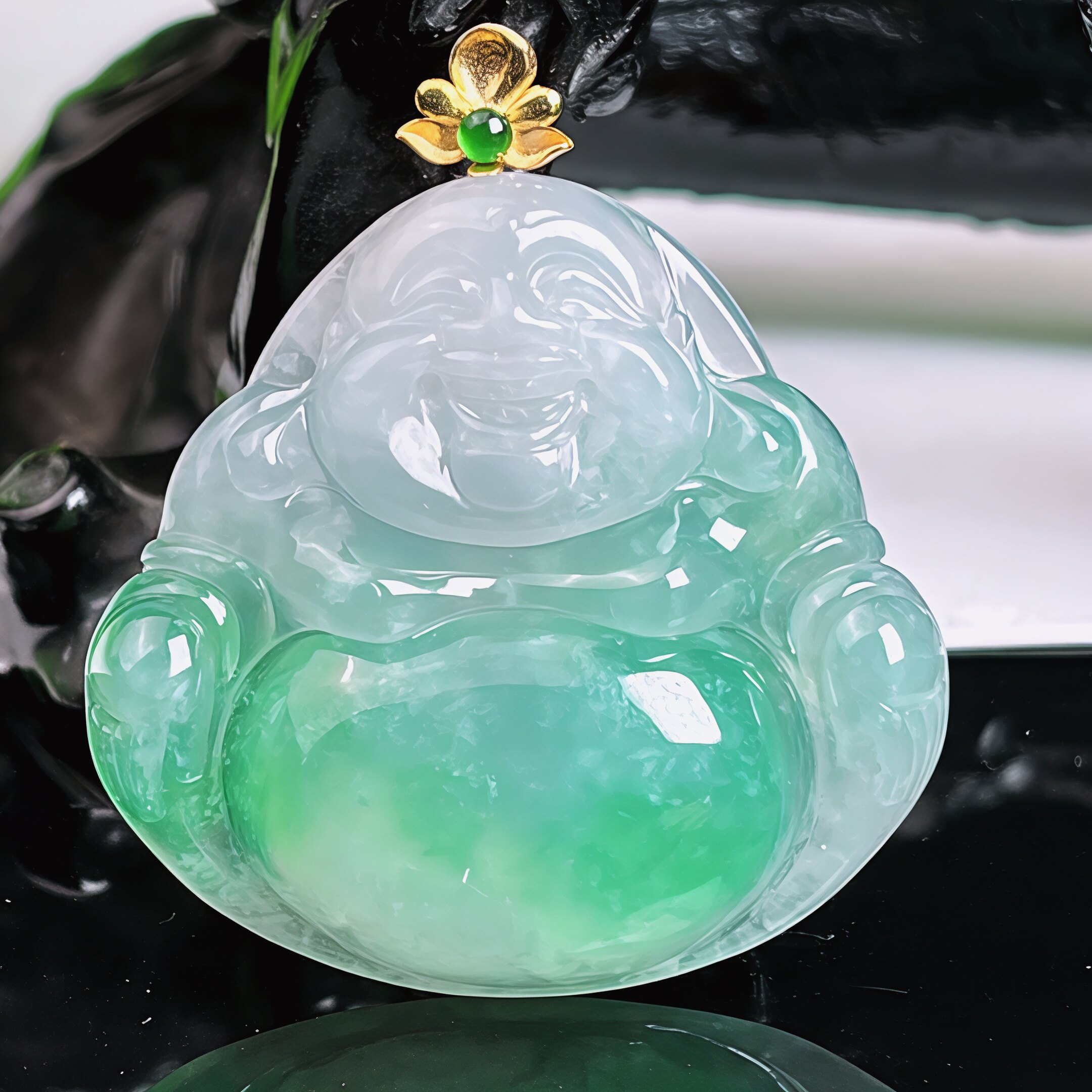 天然翡翠冰种飘花阳绿佛公吊坠弥勒佛大肚笑佛玉坠女