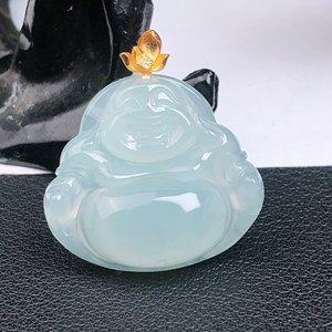 碧玉尊缅甸天然A货翡翠玉石冰润飘绿18K镶嵌弥勒佛吊坠挂件