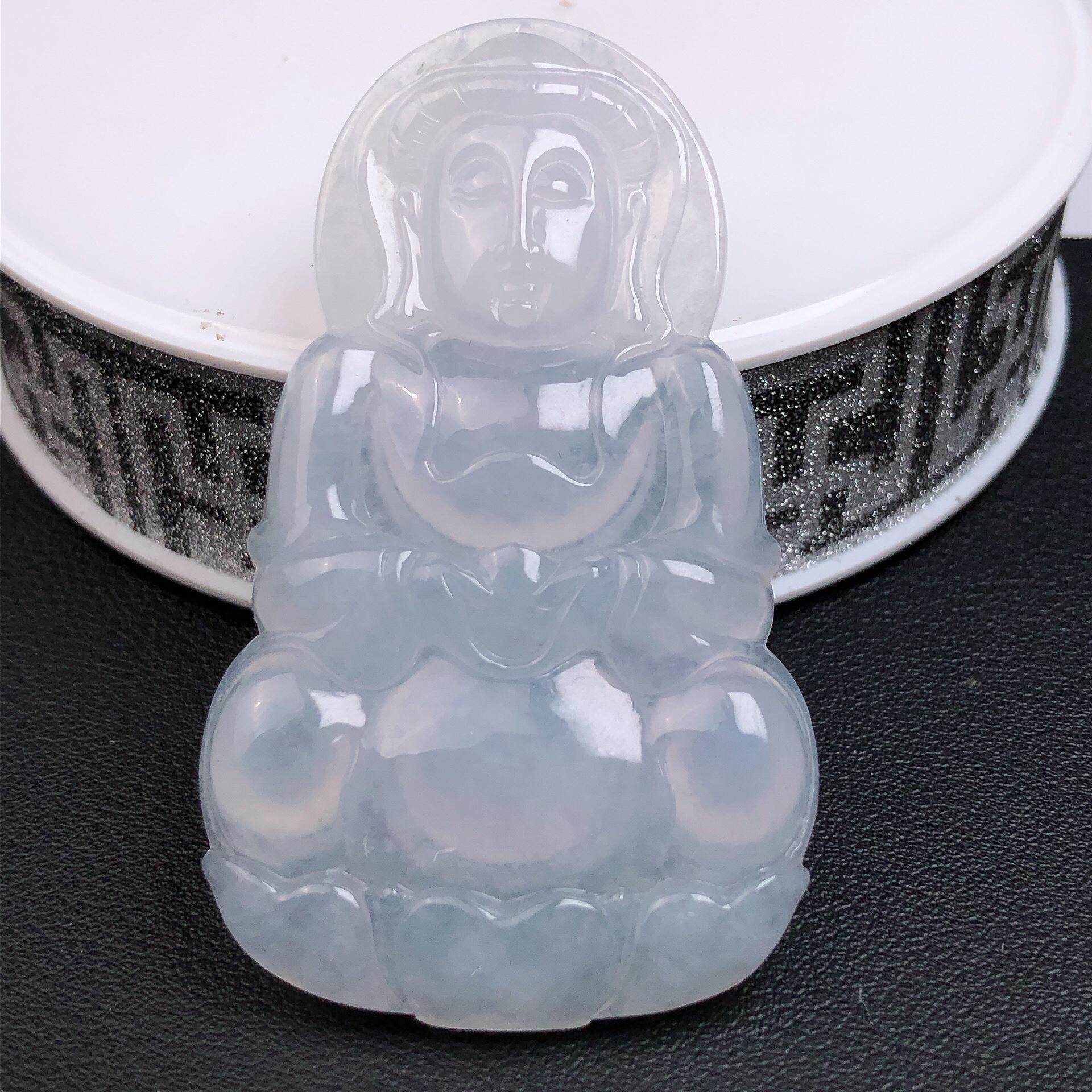 缅甸天然A货翡翠玉坠带证书-冰润飘花精雕观音菩萨吊坠