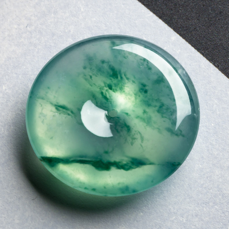 缅甸天然翡翠A货珠宝玉石带证书-老坑种高冰飘花平安扣吊坠