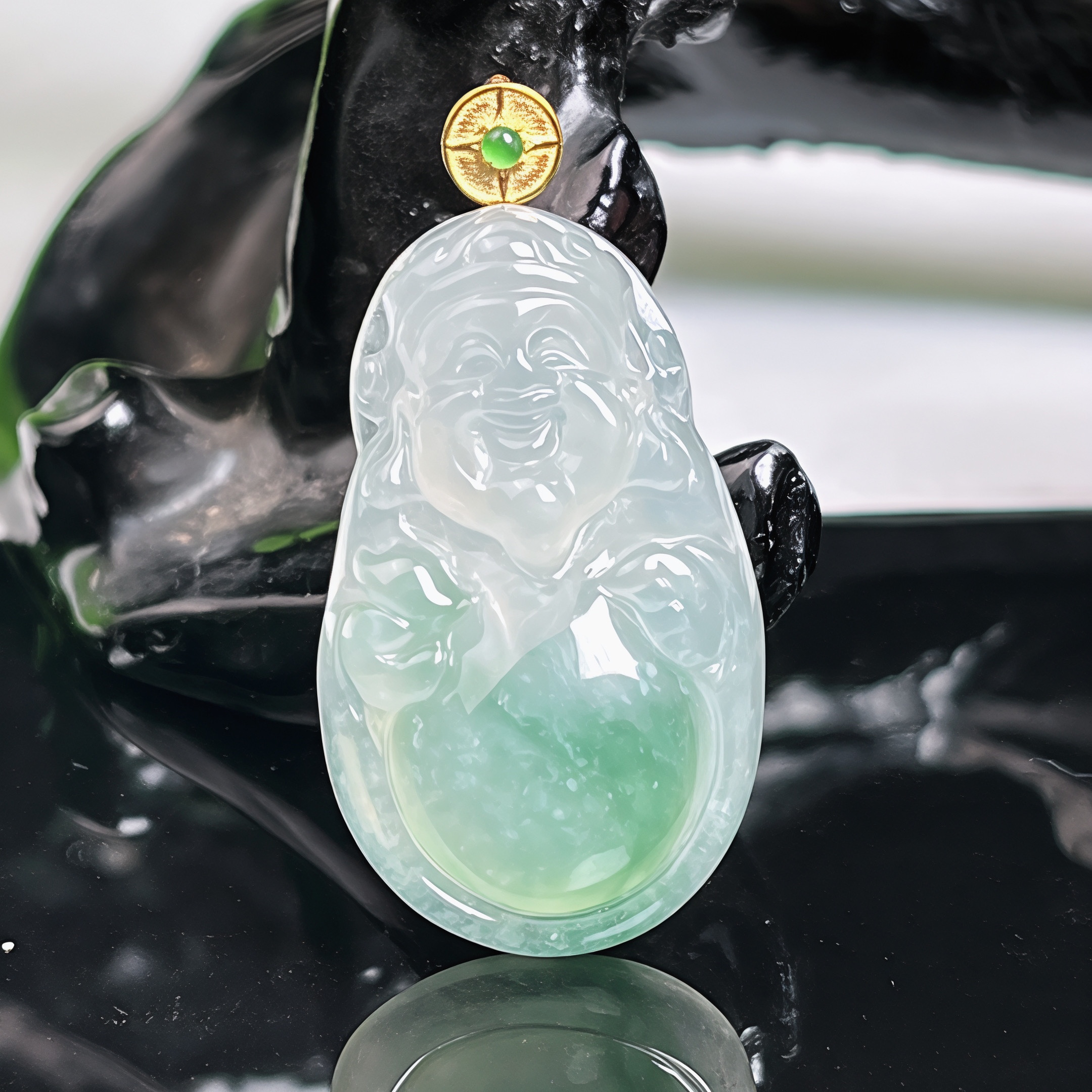 缅甸天然18k金镶嵌冰润飘绿财神