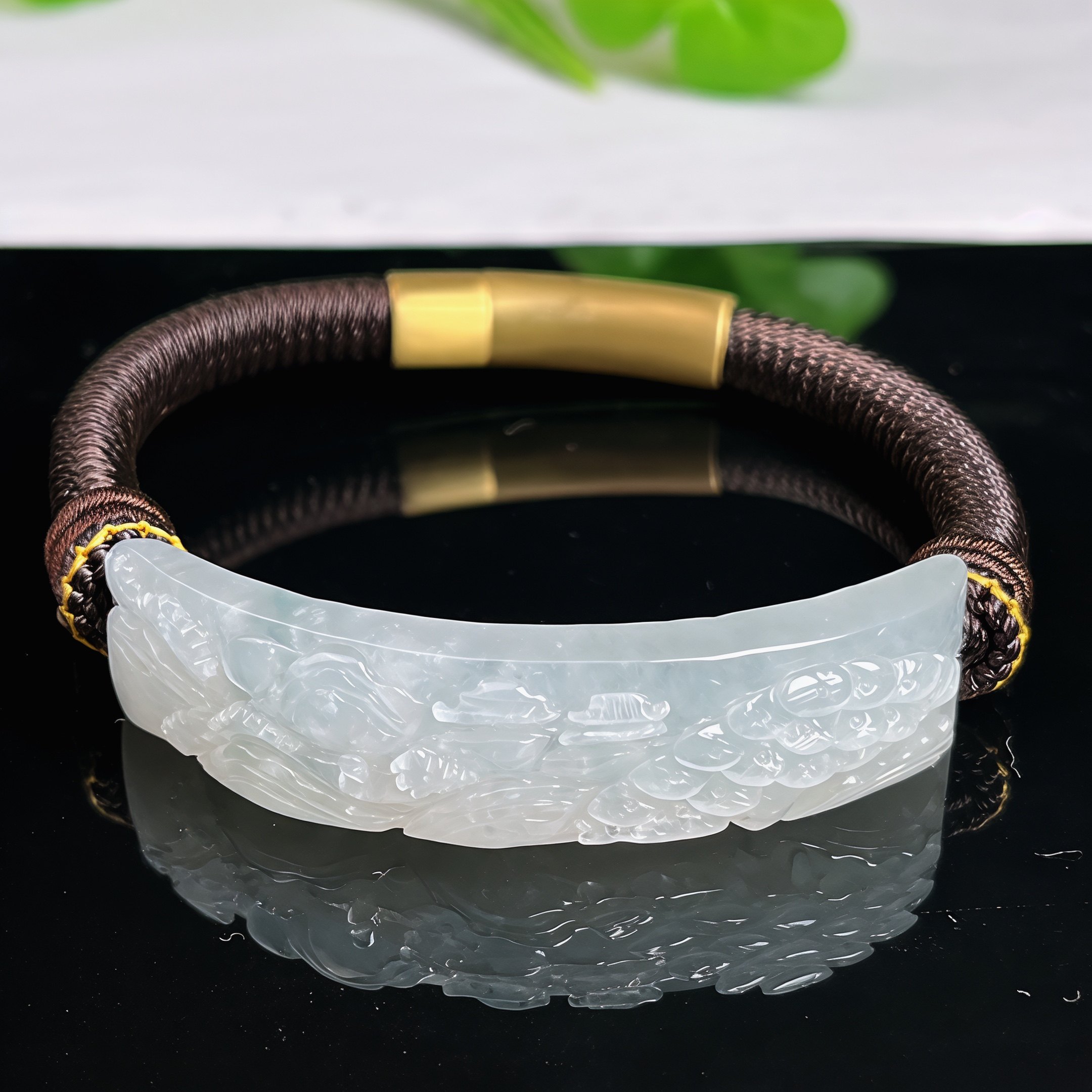 缅甸天然A货翡翠玉石-冰润老种精雕山水翡翠手牌