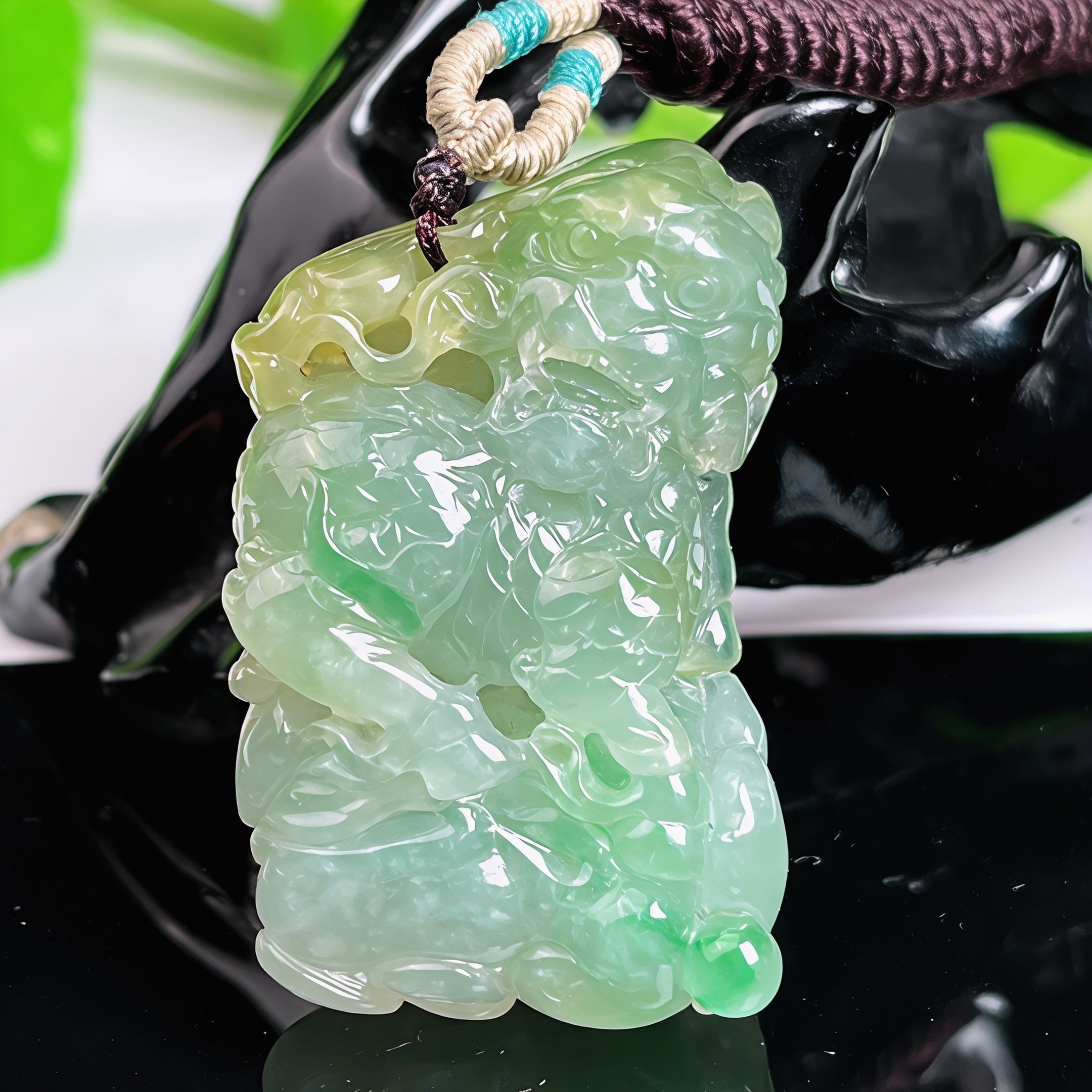 天然翡翠麒麟吊坠编织绳项链