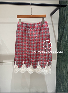 【韩钰DESIGN】26夏季新款 亚麻高腰红色格子蕾丝拼接半身裙女