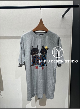 【韩钰DESIGN】26夏季新款 灰色纯棉卡通猫咪印花短袖T恤女