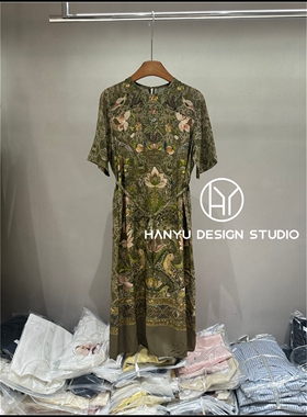 【韩钰DESIGN】26夏季新款 绿色桑蚕丝国风印花连衣裙女