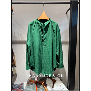 极简风绿色立领盘扣亚麻衬衫 26早春新款 女 韩钰DESIGN