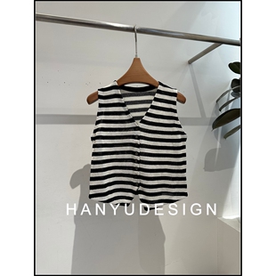 复古V领无袖 法式 26早春新款 条纹针织马甲女 韩钰DESIGN