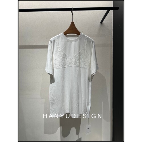 【韩钰DESIGN】26早春新款 白色休闲蕾丝拼接短袖T恤女
