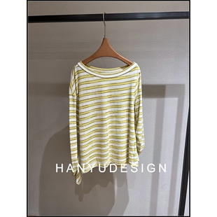 韩系一字肩设计感条纹长袖 26早春新款 T恤女 韩钰DESIGN