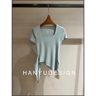 绿色减龄方领绑带短袖 亚麻法式 26早春新款 t恤女 韩钰DESIGN