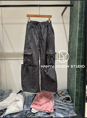 【韩钰DESIGN】26夏季新款 灰色工装风抽绳松紧腰多口袋休闲裤女