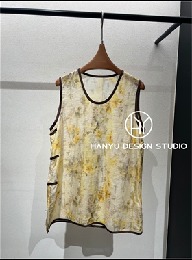 【韩钰DESIGN】26夏季新款 黄色圆领宽松印花无袖背心女