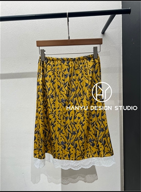 【韩钰DESIGN】26夏季新款 桑蚕丝黄色复古高腰A字半身裙女