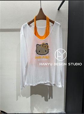 【韩钰DESIGN】26夏季新款 Hello Kitty卡通印花橙色吊带T恤女