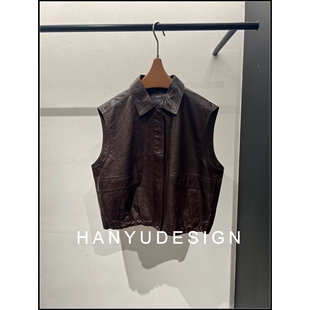 绵羊皮棕色复古休闲风马甲女 26早春新款 韩钰DESIGN