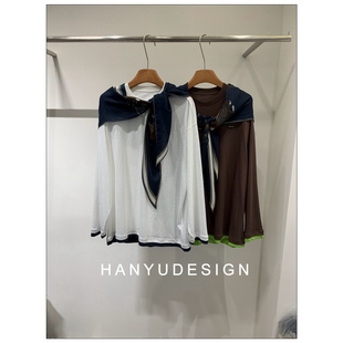 T恤女 韩钰DESIGN 25早秋新 带披肩撞色描边修身
