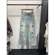女 牛仔裤 韩钰DESIGN 洋气彩色花朵刺绣直筒裤