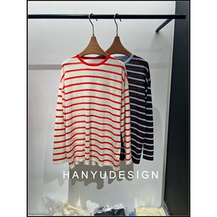 亚麻百搭撞色条纹长袖 26早春新款 T恤女 韩钰DESIGN