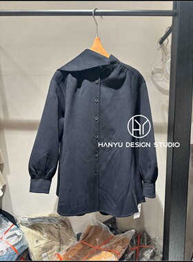 【韩钰DESIGN】26冬季新款 藏青色羊绒极简风翻领毛呢大衣女