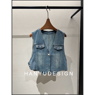 百搭休闲牛仔风无袖 26早春新款 V领马甲女 韩钰DESIGN