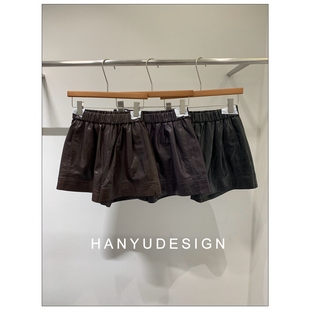 女 韩钰DESIGN 25早秋新 绵羊皮褶皱松紧腰皮休闲短裤
