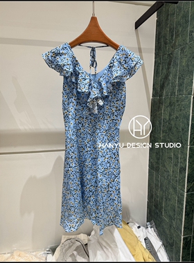 【韩钰DESIGN】26夏季新款 小清新桑蚕丝蓝色碎花连衣裙女