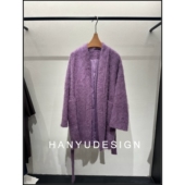 韩钰DESIGN 紫罗兰系带收腰水洗拉绒羊绒羊毛大衣外套女