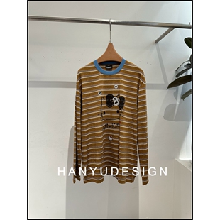 复古休闲风条纹卡通印花长袖 26早春新款 T恤女 韩钰DESIGN