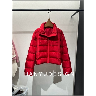 玫瑰红蚕丝90白鹅绒服羽绒服女 小香风立领短款 韩钰DESIGN