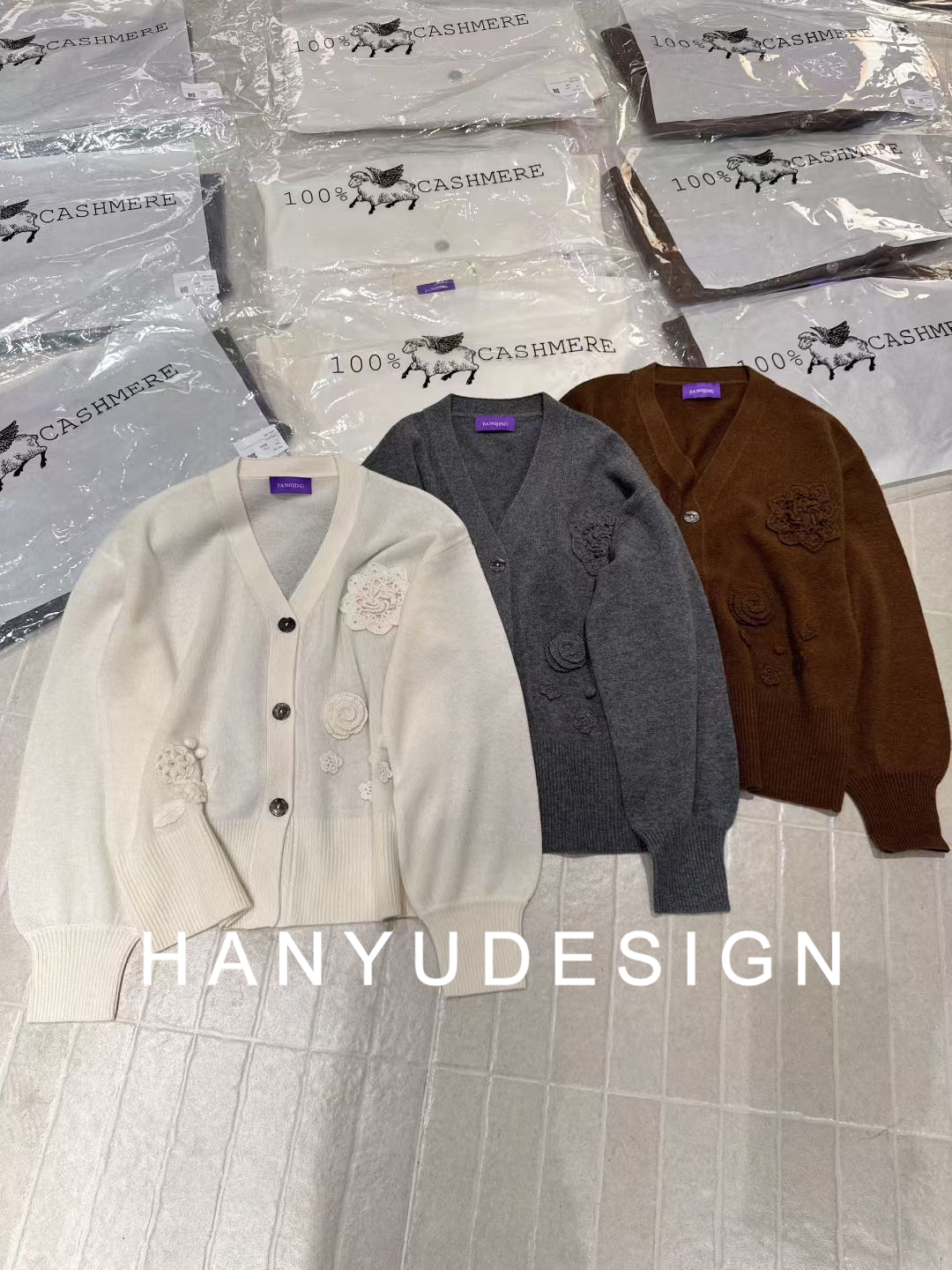 【韩钰DESIGN 】私信询价  100%山羊绒V领刺绣针织开衫女