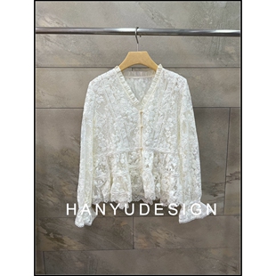 【韩钰DESIGN】26早春新款 浪漫蕾丝风V领镂空钩花长袖衬衫女