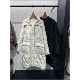 90白鹅绒服羽绒服女 针织翻领菱格绗缝中长款 韩钰DESIGN