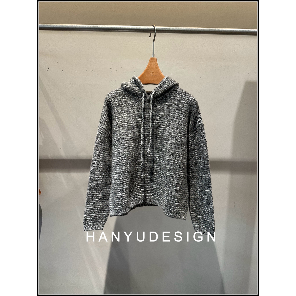 洋气花纱连帽抽绳长袖套头针织衫