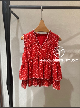 【韩钰DESIGN】26夏季新款 V领木耳边红色碎花无袖上衣女