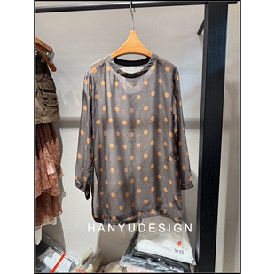 100%桑蚕丝棕色波点长袖 26早春新款 T恤女 韩钰DESIGN