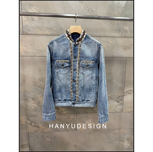 韩版 26早春新款 设计感珍珠扣牛仔外套女 韩钰DESIGN