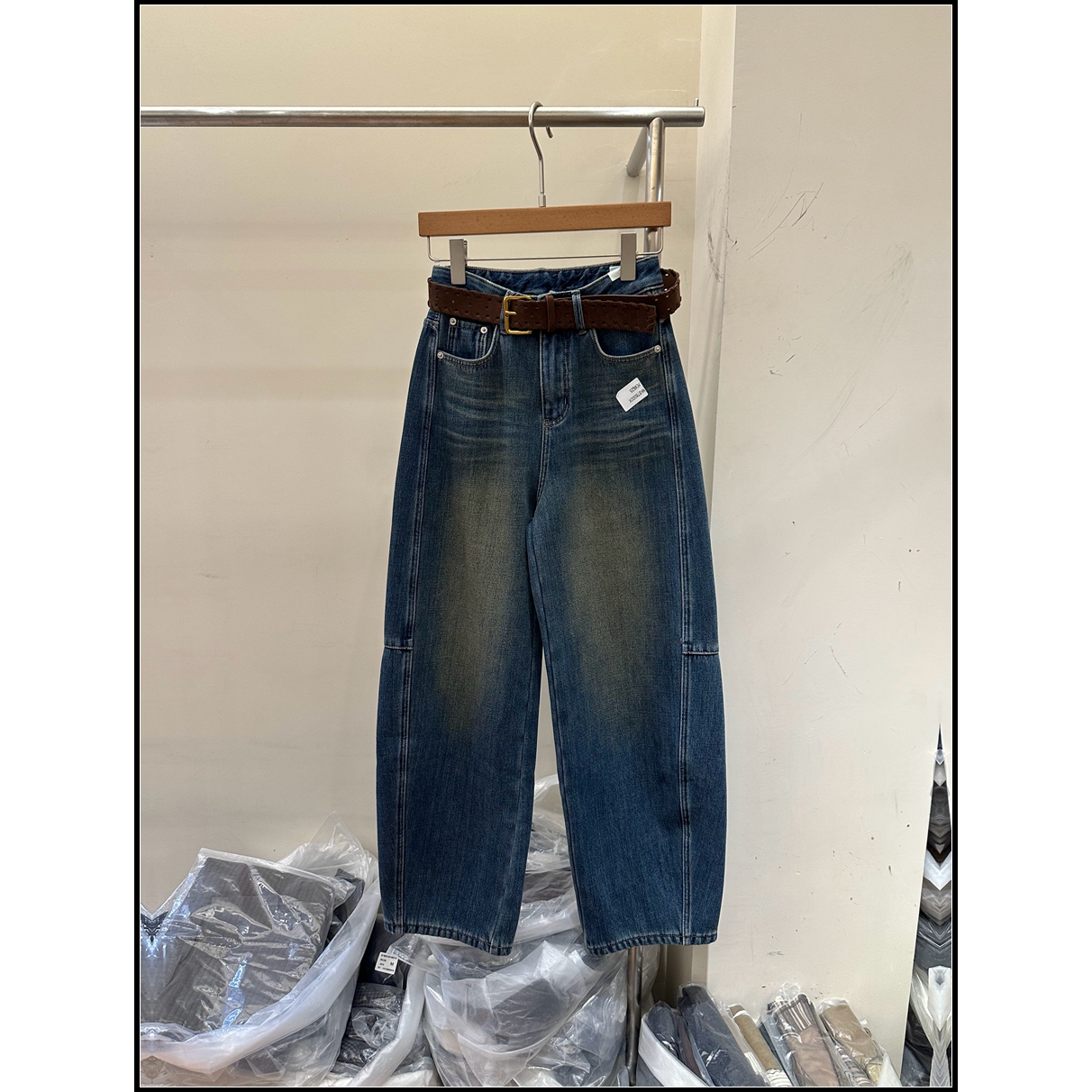 美式高腰阔腿加绒加厚牛仔裤女