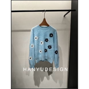 毛衣女 100%山羊绒轻盈绒毛花朵提花针织衫 韩钰DESIGN