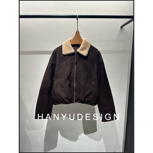 气质撞色毛领拼接皮绒外套夹克上衣 韩钰DESIGN