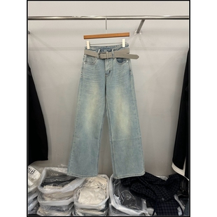 韩钰DESIGN 水洗磨白阔腿牛仔裤 经典 型直筒裤 女 版