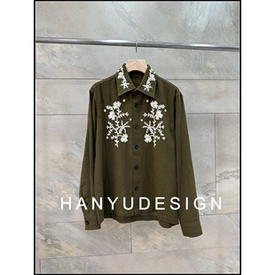 绿色复古风手工刺绣翻领衬衫 26早春新款 女 韩钰DESIGN