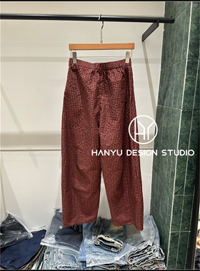 【韩钰DESIGN】26夏季新款 红色复古格纹系带直筒裤女