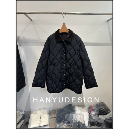 【韩钰DESIGN】 撞色翻领菱格轻盈90白鹅绒服羽绒服女