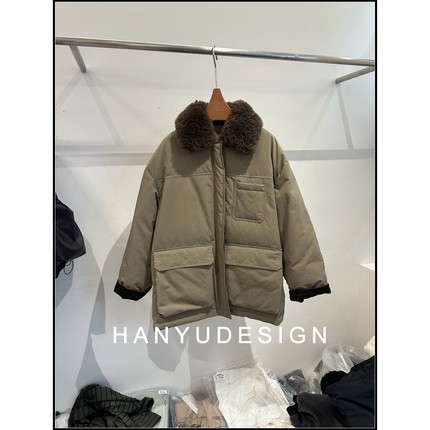 【韩钰DESIGN】 气质挺阔中长款三防面料山羊绒领鹅绒服