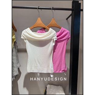 100%羊毛纯色一字肩短袖 26早春新款 T恤女 韩钰DESIGN