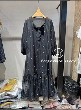 【韩钰DESIGN】26夏季新款 桑蚕丝文艺风灰色刺绣连衣裙女