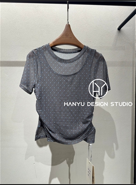 【韩钰DESIGN】26夏季新款 灰色网纱拼接波点短袖T恤女