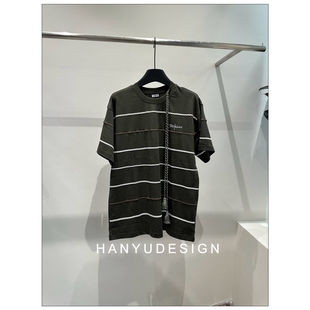 T恤女 韩钰DESIGN 现货25早秋新 100%棉百搭条纹印花长袖